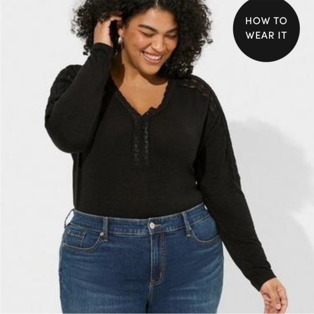 Torrid Black V-Neck Soft Slub Drop Shoulder Lace Yoke Top